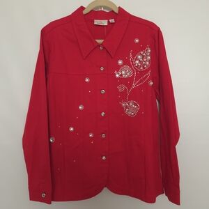 Quacker Factory Denim Jacket Shacket Women Red Sequins Pearls Lady Bugs Large
